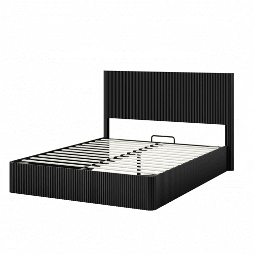 Cama moderna 160x200 cm - Sistema de elevação hidráulico, amplo espaço de arrumação, ripas de madeira maciça, superfície fácil de limpar - Preto