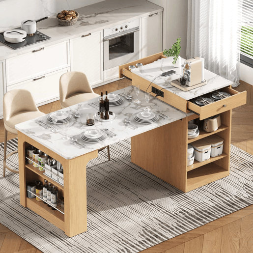 Ilha de cozinha com rodas - mesa extensível com tampo removível, barra com tomadas, multifuncional como ilha, aparador ou balcão para cozinha e sala de jantar - Natural