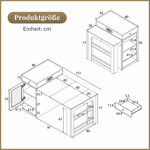 Ilha de cozinha com rodas - mesa extensível com tampo removível, barra com tomadas, multifuncional como ilha, aparador ou balcão para cozinha e sala de jantar - Natural