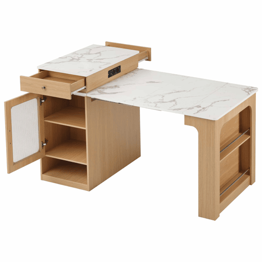 Ilha de cozinha com rodas - mesa extensível com tampo removível, barra com tomadas, multifuncional como ilha, aparador ou balcão para cozinha e sala de jantar - Natural