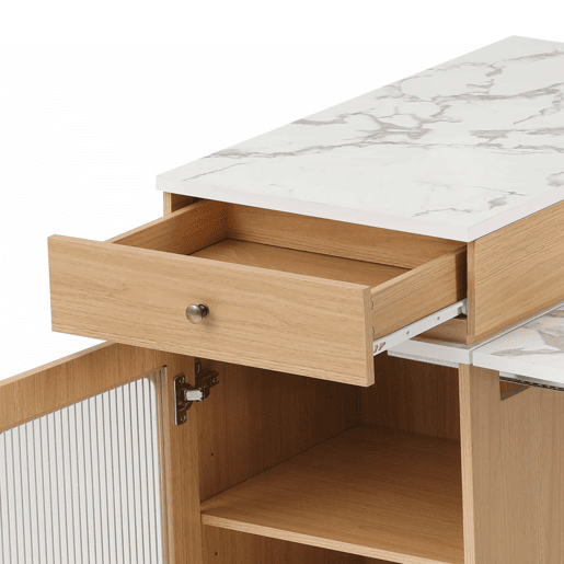Ilha de cozinha com rodas - mesa extensível com tampo removível, barra com tomadas, multifuncional como ilha, aparador ou balcão para cozinha e sala de jantar - Natural
