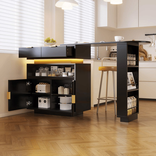 Mesa de bar extensível 115-183 x 40 x 99 cm - ilha de cozinha, arrumação, LED, rotação de 360°, barra móvel - Preto