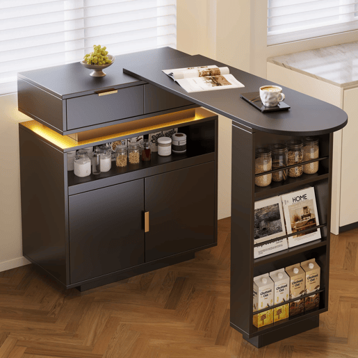 Mesa de bar extensível 115-183 x 40 x 99 cm - ilha de cozinha, arrumação, LED, rotação de 360°, barra móvel - Preto