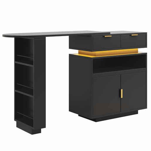 Mesa de bar extensível 115-183 x 40 x 99 cm - ilha de cozinha, arrumação, LED, rotação de 360°, barra móvel - Preto