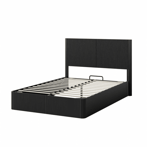 Cama moderna 140x200 cm - Sistema de elevação hidráulico, amplo espaço de arrumação, ripas de madeira maciça - Preto