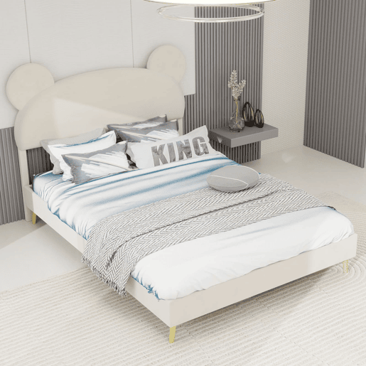Cama estofada minimalista 140x200 - cabeceira de pelúcia com desenhos animados - bege