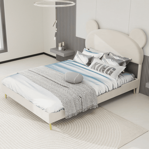 Cama estofada minimalista 140x200 - cabeceira de pelúcia com desenhos animados - bege