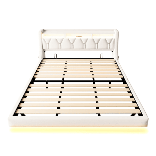 Cama estofada 180 x 200 cm - Cabeceira rebatível com tomada elétrica e prateleira, iluminação LED, pés ampliados, design flutuante, tecido de veludo bege