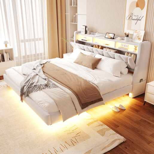Cama estofada 180 x 200 cm - Cabeceira rebatível com tomada elétrica e prateleira, iluminação LED, pés ampliados, design flutuante, tecido de veludo bege