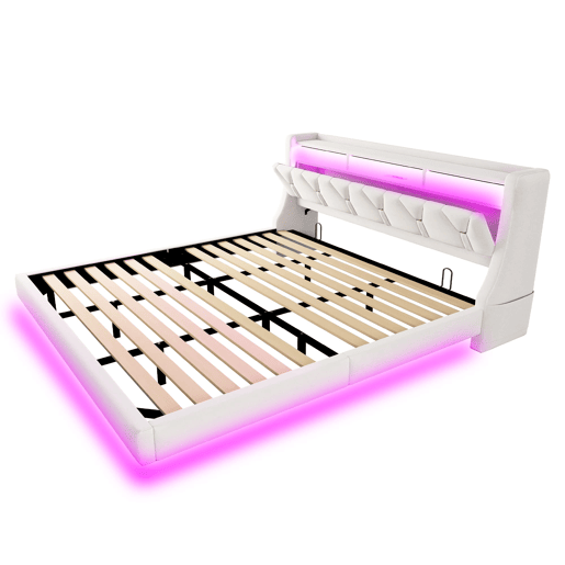 Cama estofada 180 x 200 cm - Cabeceira rebatível com tomada elétrica e prateleira, iluminação LED, pés ampliados, design flutuante, tecido de veludo bege
