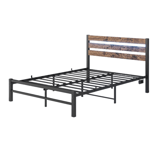 Cama metálica 120x200 - Cabeceira com arrumação, LED, USB, estrutura resistente, sem boxspring - Castanho antigo