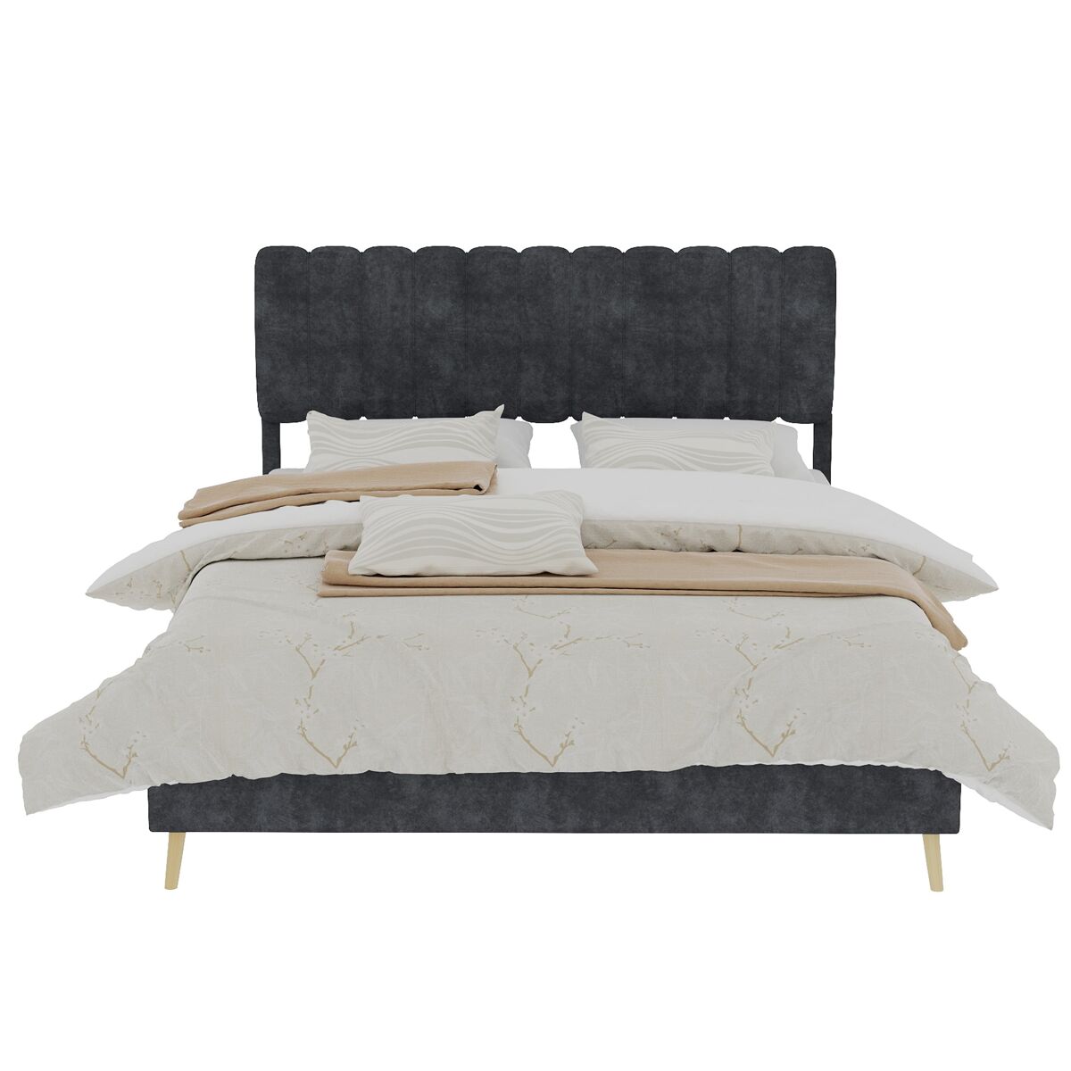 Cama tapizada 160x200 - cabecero suave, base baja sin almacenaje - gris