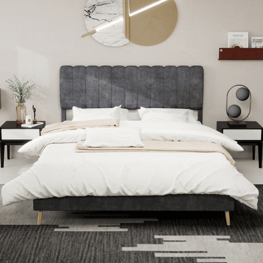 Cama estofada 160x200 - cabeceira macia, base baixa sem arrumação - cinzento