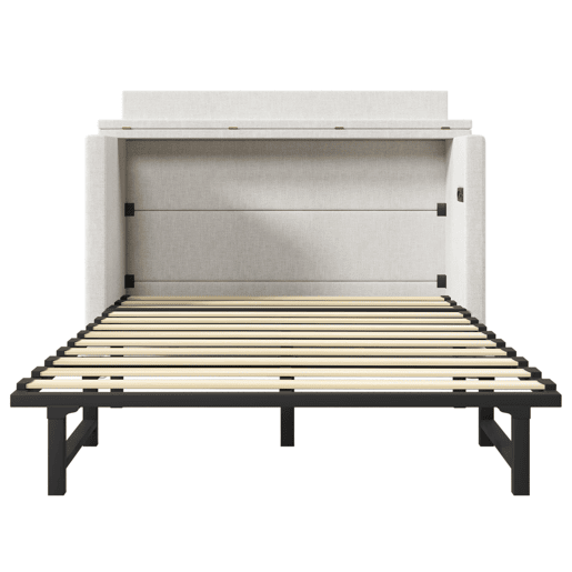 Cama armário 140x200 - Com gaveta, ligações USB e Tipo-C, plataforma convertível, sem colchão - Bege