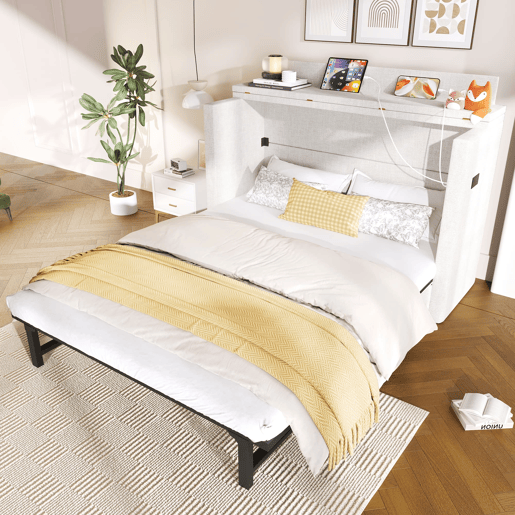 Cama armário 140x200 - Com gaveta, ligações USB e Tipo-C, plataforma convertível, sem colchão - Bege