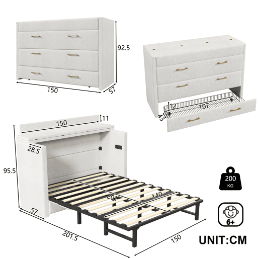 Cama armário 140x200 - Com gaveta, ligações USB e Tipo-C, plataforma convertível, sem colchão - Bege