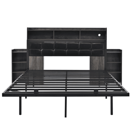 Cama de casal 140x190 cm - com cabeceira, 2 mesas de cabeceira removíveis, LED, USBTipo C, cinzento