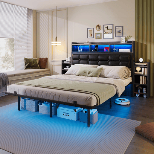 Cama de casal 140x190 cm - com cabeceira, 2 mesas de cabeceira removíveis, LED, USBTipo C, cinzento