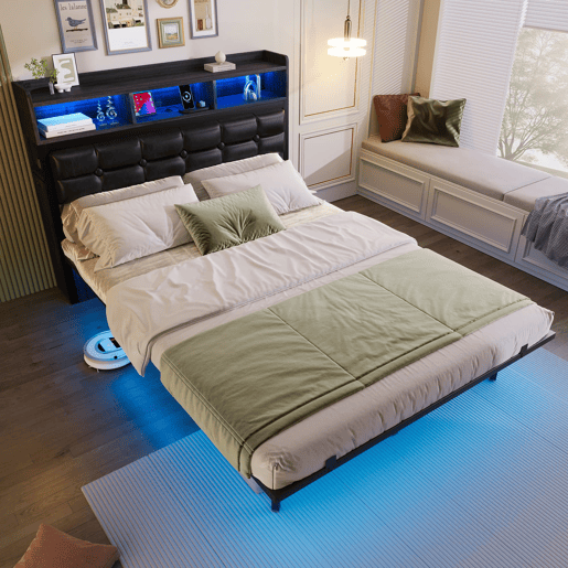 Cama de casal 140x190 cm - com cabeceira, 2 mesas de cabeceira removíveis, LED, USBTipo C, cinzento