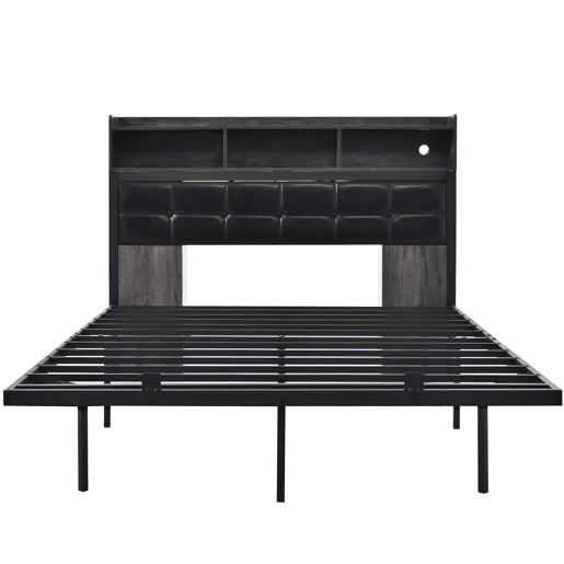 Cama de casal 140x190 cm - com cabeceira, 2 mesas de cabeceira removíveis, LED, USBTipo C, cinzento