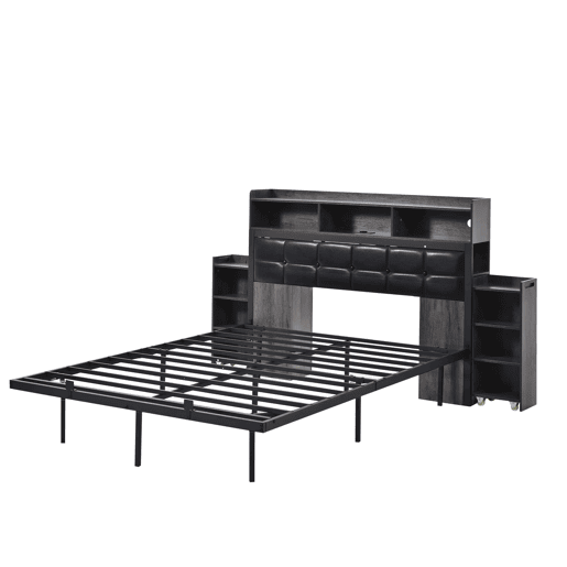Cama de casal 140x190 cm - com cabeceira, 2 mesas de cabeceira removíveis, LED, USBTipo C, cinzento