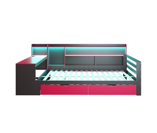 Cama sofá madera 140x200 cm - escritorio, estanterías, iluminación y enchufes - negro+rojo