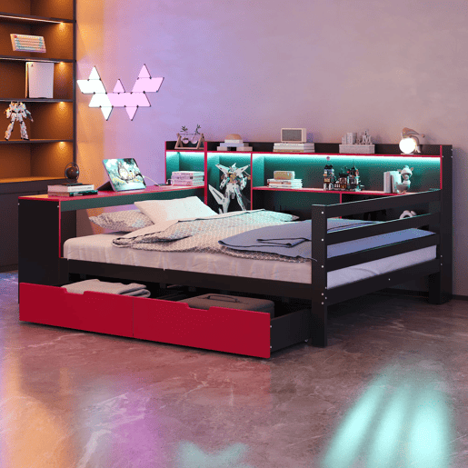 Sofá-cama em madeira 140x200 cm - Secretária, estantes, iluminação e tomadas - Preto+Vermelho