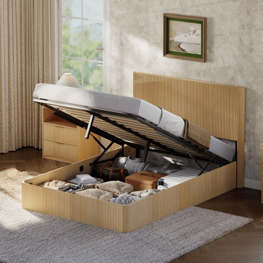 Cama moderna 140x200 cm - Design com ranhuras, sistema de elevação hidráulico, amplo espaço de arrumação - Carvalho claro