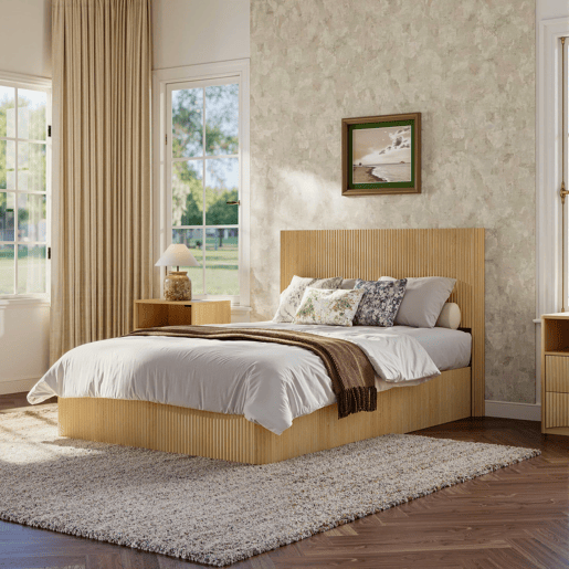 Cama moderna 140x200 cm - Design com ranhuras, sistema de elevação hidráulico, amplo espaço de arrumação - Carvalho claro