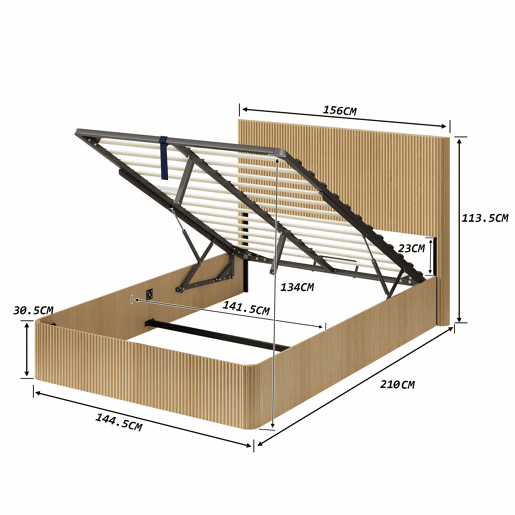 Cama moderna 140x200 cm - Design com ranhuras, sistema de elevação hidráulico, amplo espaço de arrumação - Carvalho claro