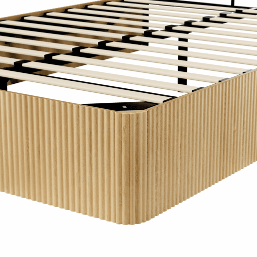 Cama moderna 140x200 cm - Design com ranhuras, sistema de elevação hidráulico, amplo espaço de arrumação - Carvalho claro