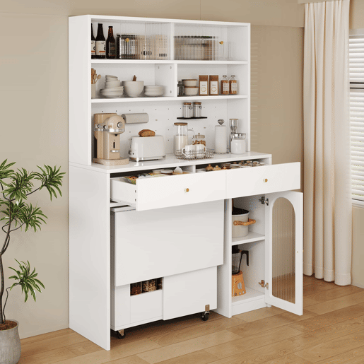 Conjunto de móveis de cozinha - com mesa dobrável e balcão, mesa móvel com rodízios, armário alto com espaço de arrumação - Branco