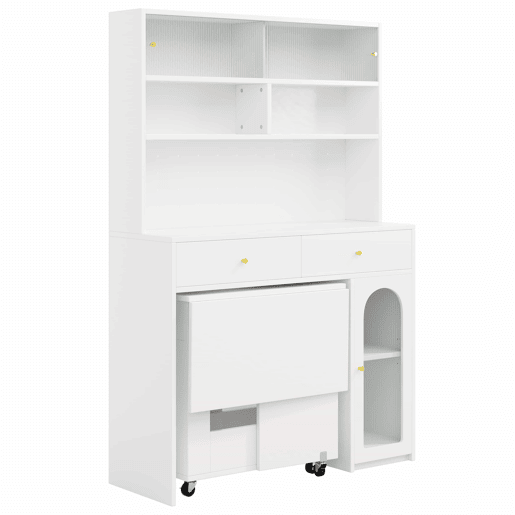 Conjunto de móveis de cozinha - com mesa dobrável e balcão, mesa móvel com rodízios, armário alto com espaço de arrumação - Branco