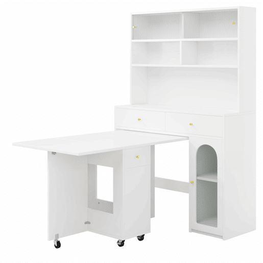 Conjunto de móveis de cozinha - com mesa dobrável e balcão, mesa móvel com rodízios, armário alto com espaço de arrumação - Branco
