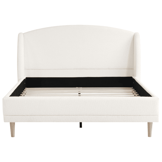 Cama estofada 140x190 - tecido bouclé, cabeceira com abas, design curvo - branco Cama estofada 140x190 - tecido bouclé, cabeceira com abas, design curvo - branco
