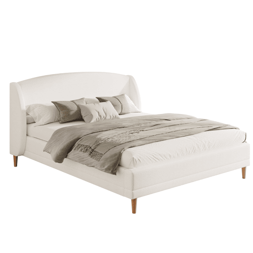 Cama estofada 140x190 - tecido bouclé, cabeceira com abas, design curvo - branco Cama estofada 140x190 - tecido bouclé, cabeceira com abas, design curvo - branco