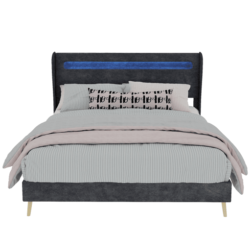 Cama estofada 140x200 - cabeceira com LED integrado, base baixa sem arrumação - cinzento