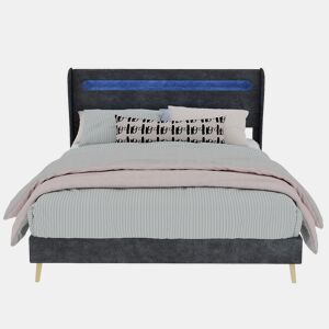 Cama estofada 140x200 - cabeceira com LED integrado, base baixa sem arrumação - cinzento