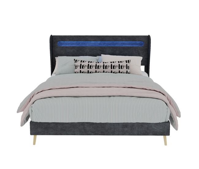 Cama tapizada 140x200 - cabecero led integrado, base baja sin almacenaje - gris
