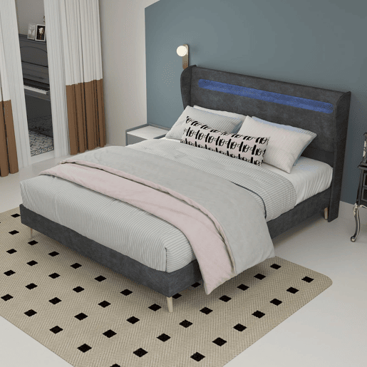 Cama estofada 140x200 - cabeceira com LED integrado, base baixa sem arrumação - cinzento