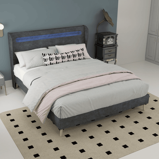 Cama estofada 140x200 - cabeceira com LED integrado, base baixa sem arrumação - cinzento