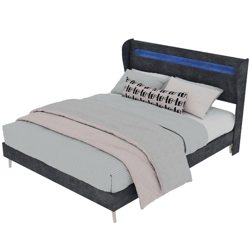 Cama estofada 140x200 - cabeceira com LED integrado, base baixa sem arrumação - cinzento