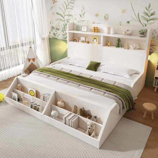 Cama de madeira dupla 140x200 cm - juvenil com prateleiras, luz noturna e estante removível - branca