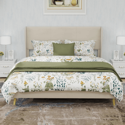 Cama estofada 140x200 cm - Minimalista moderna, cabeceira acolchoada, base baixa, bege