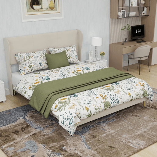 Cama estofada 140x200 cm - Minimalista moderna, cabeceira acolchoada, base baixa, bege