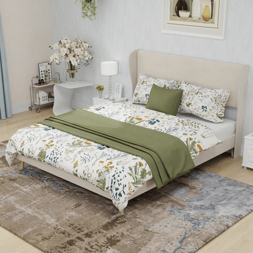 Cama estofada 140x200 cm - Minimalista moderna, cabeceira acolchoada, base baixa, bege