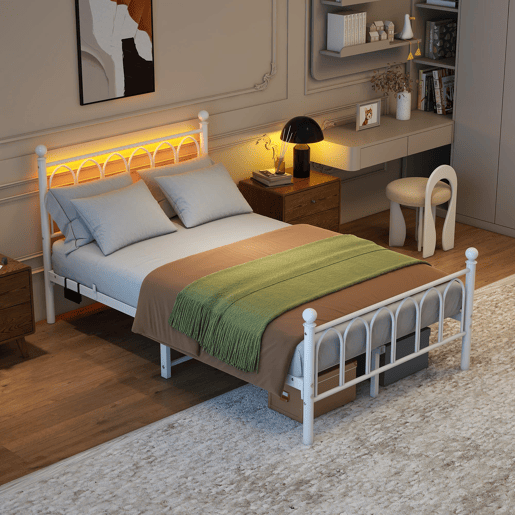 Cama metálica 120x200 - Cabeceira e pés vintage, LED, USB, arrumação, sem estrado - Branco