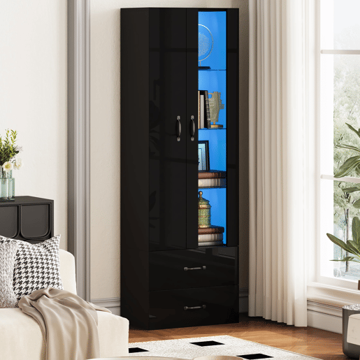 Vitrine LED com 2 portas - Porta transparente, independente, sala de estar - Preto Vitrine LED com 2 portas - Porta transparente, independente, sala de estar - Preto
