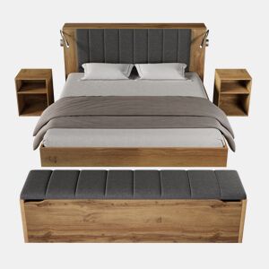 Cama de casal 160x200 cm - Cabeceira rebatível, arrumação, mesas de cabeceira, candeeiros USB - Carvalho