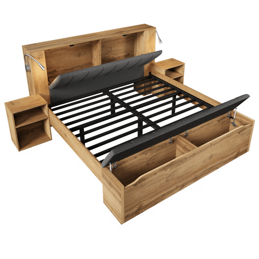 Cama de casal 160x200 cm - Cabeceira rebatível, arrumação, mesas de cabeceira, candeeiros USB - Carvalho